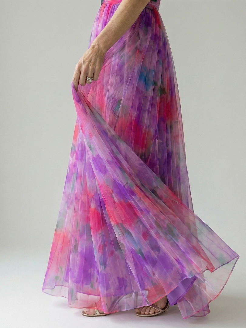 Spaghetti Strap V-Neck Floral Print Pleated Tulle Maxi Gown 10
