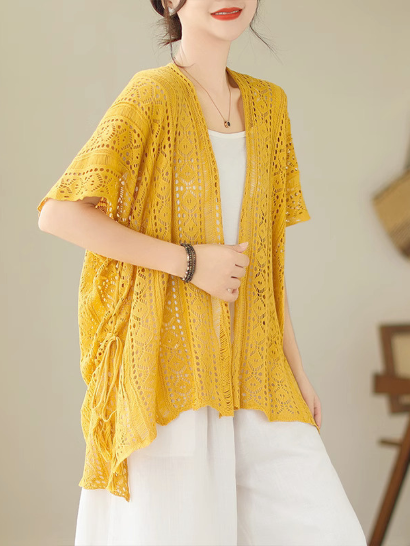 Open Front Short Sleeve Crochet Knit Tassel Tie Cardigan