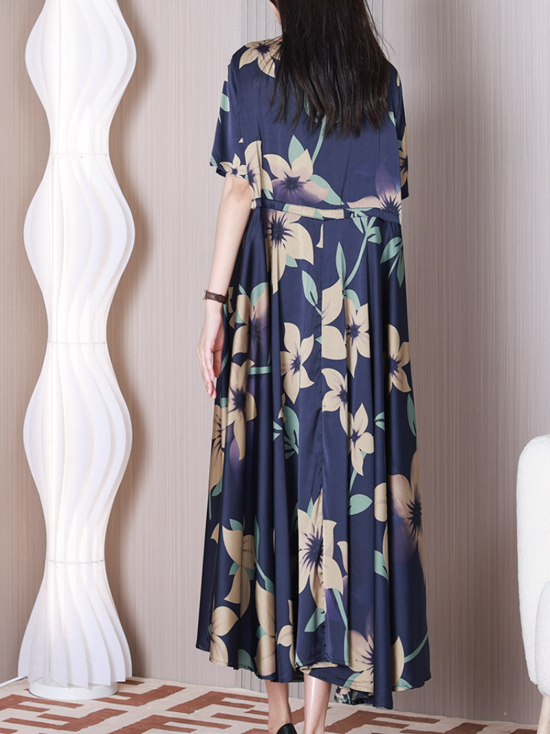 Round Neck Short Sleeve Tulip Floral Empire A-Line Midi Dress 4