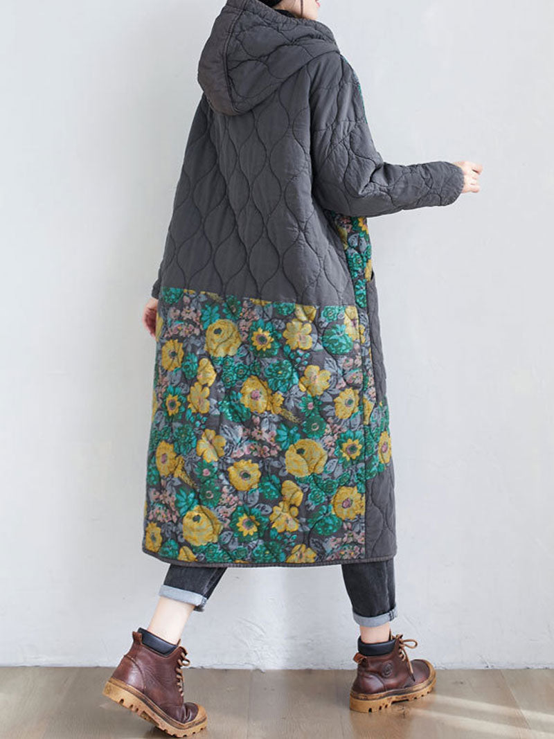 Hooded Floral Patchwork Quilted Longline Coat 7