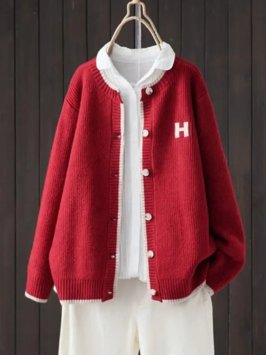 Crewneck Ribbed Knit Button Front Contrast Trim Cardigan 2