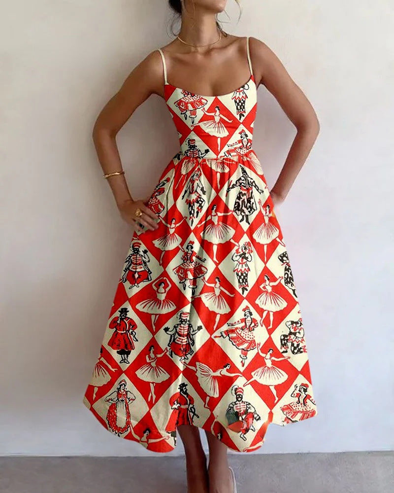 Spaghetti Strap Scoop Neck Figurine Novelty Print Fit Flare Midi Dress