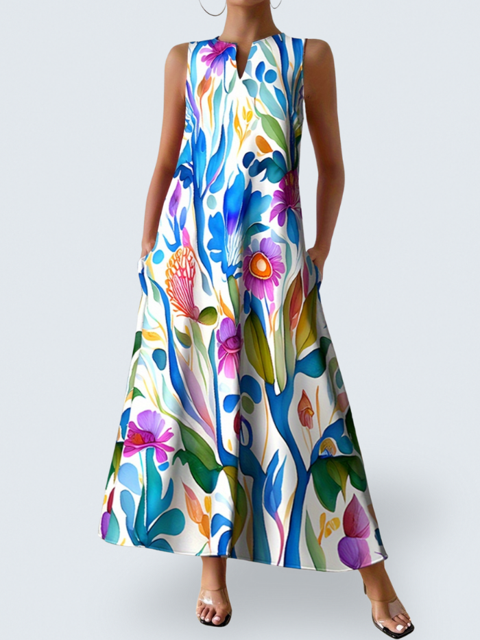 Notch V-Neck Abstract Floral Sleeveless Pocket A-Line Maxi Dress