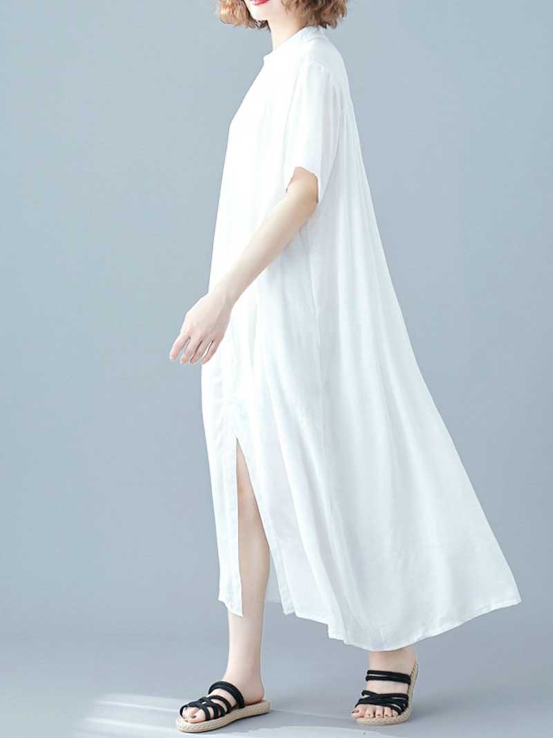 Button Front Short Sleeve Loose Cotton Shirt Maxi Dress 5