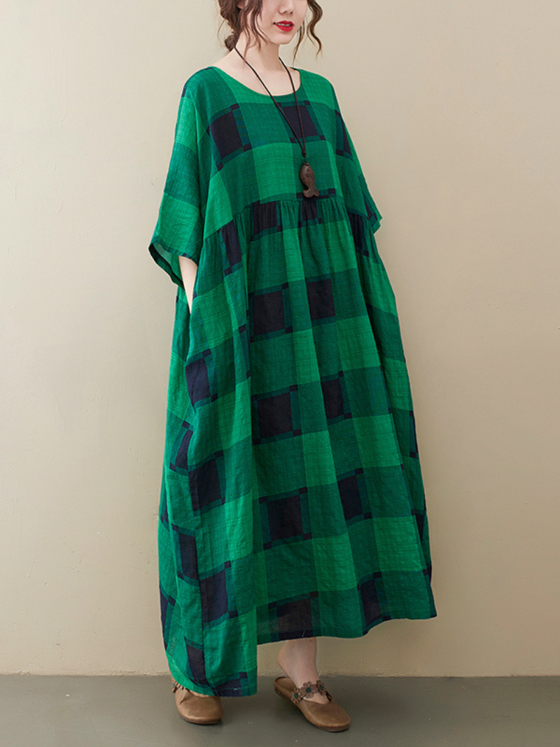 Round Neck Plaid Short Sleeve Smock Loose A-Line Maxi Dress 2