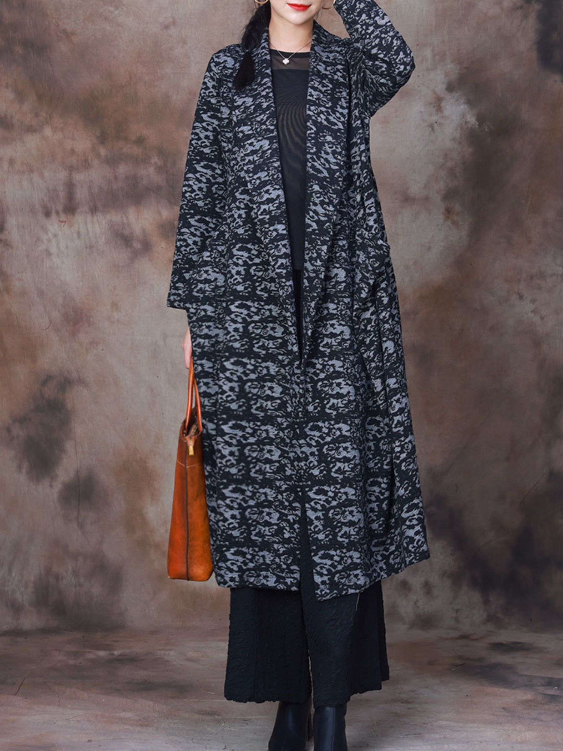 Lapel Collar Abstract Print Open Front Long Line Jacket