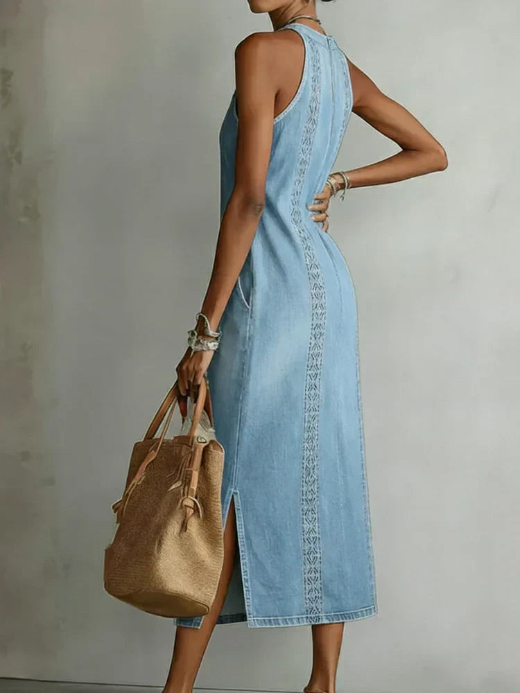 Halter Neck Sleeveless Denim Embroidered Trim Side Slit Shift Maxi Dress