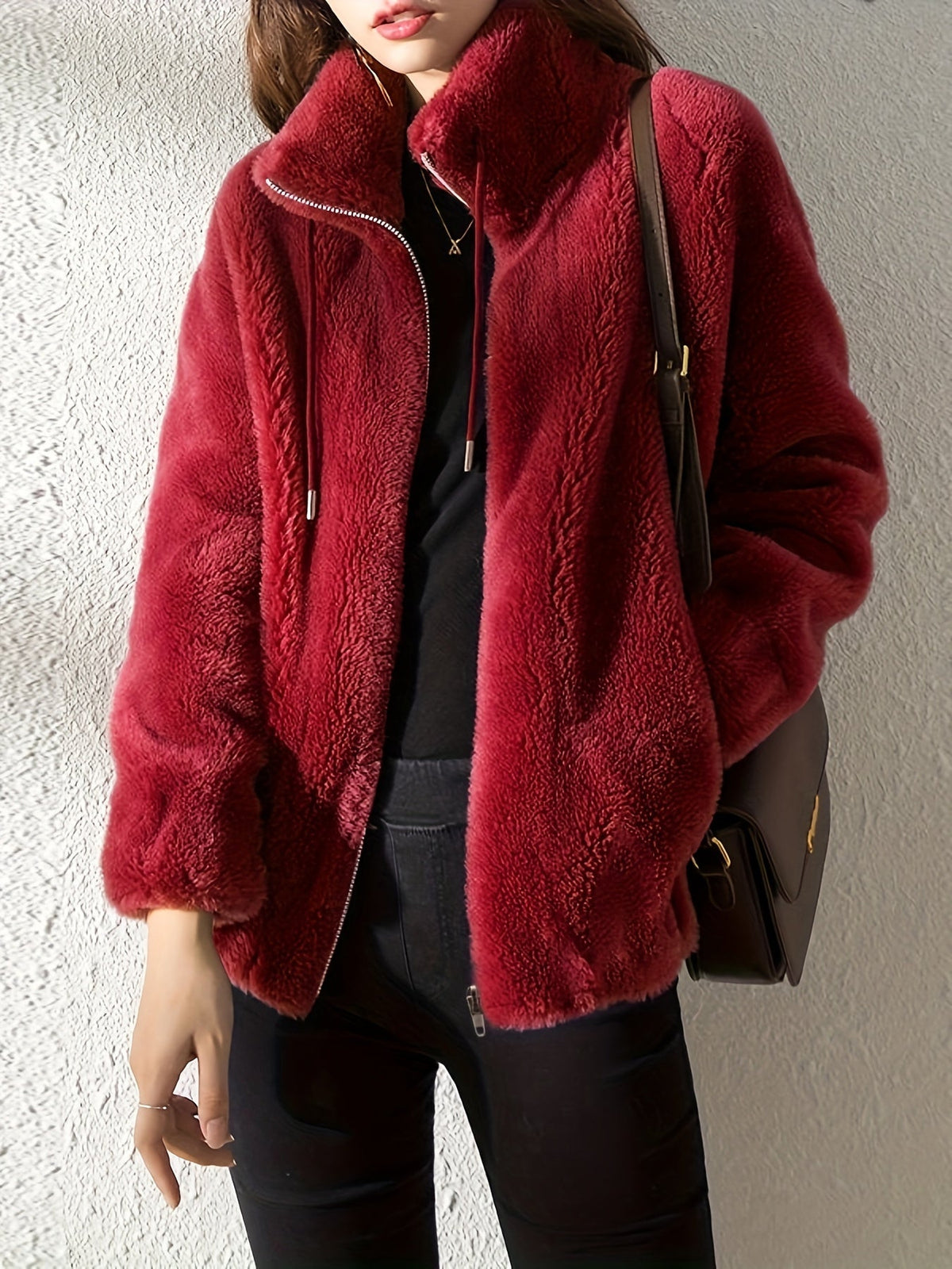 Stand Collar Zip Front Drawstring Fuzzy Fleece Jacket