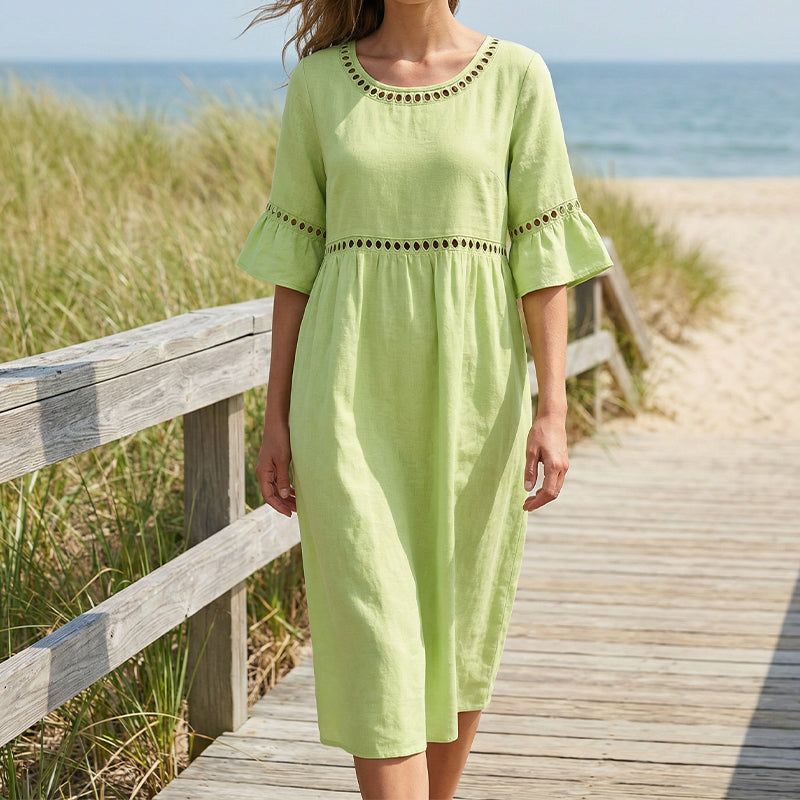 Round Neck Crochet Lace Trim Bell Sleeve Empire Waist Midi Dress 12