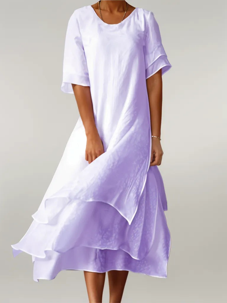 Round Neck Chiffon Flutter Sleeve Tiered Layered Flowy Midi Dress 4
