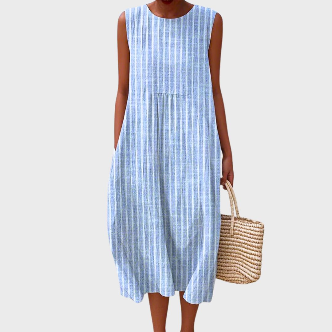 Round Neck Plaid Colorblock Sleeveless Tiered Shift Midi Dress