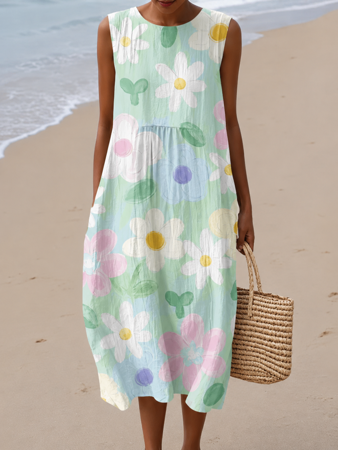 Multicolor Round Neck Sleeveless Floral Print Gathered A-Line Midi Dress