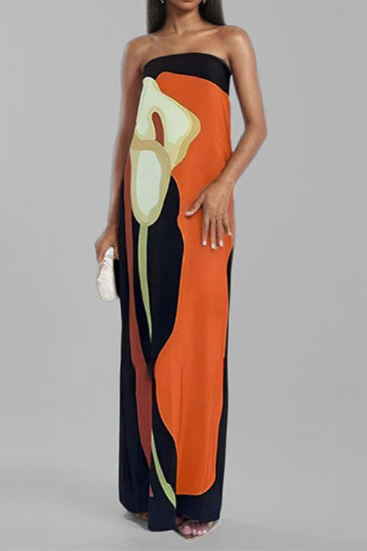 Strapless Oversized Abstract Floral Placement Print Column Maxi Dress 4