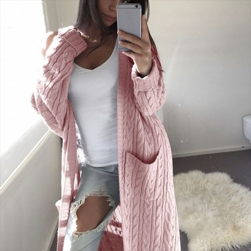 Open Front Cable Knit Pocket Long Sleeve Longline Cardigan 7