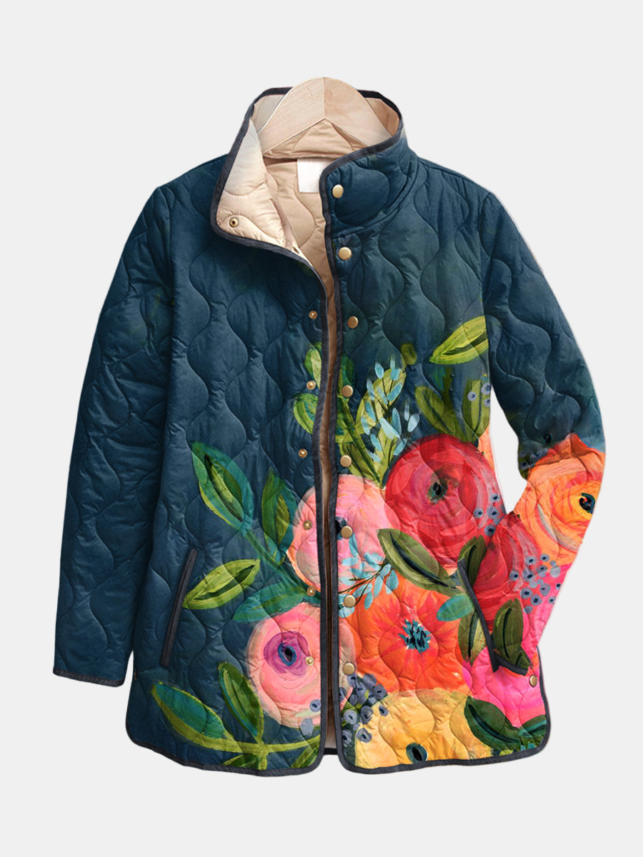 Multicolor Stand Collar Painted Floral Quilted Snap Button Long Sleeve Jacket