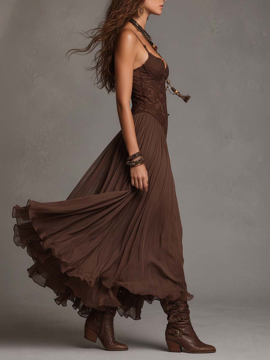Spaghetti Strap Lace Bodice Flowy Chiffon A-Line Maxi Dress 2