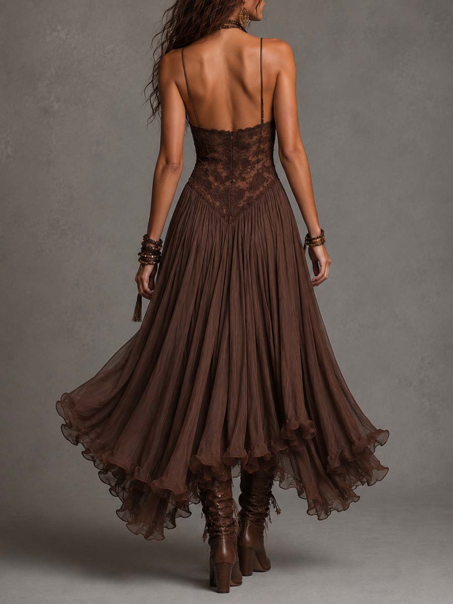 Spaghetti Strap Lace Bodice Flowy Chiffon A-Line Maxi Dress 3
