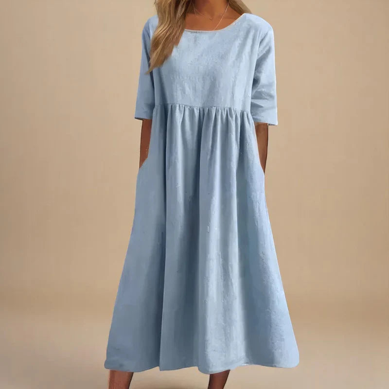 Round Neck Linen Half Sleeve Pocket Pleated A-Line Midi Dress