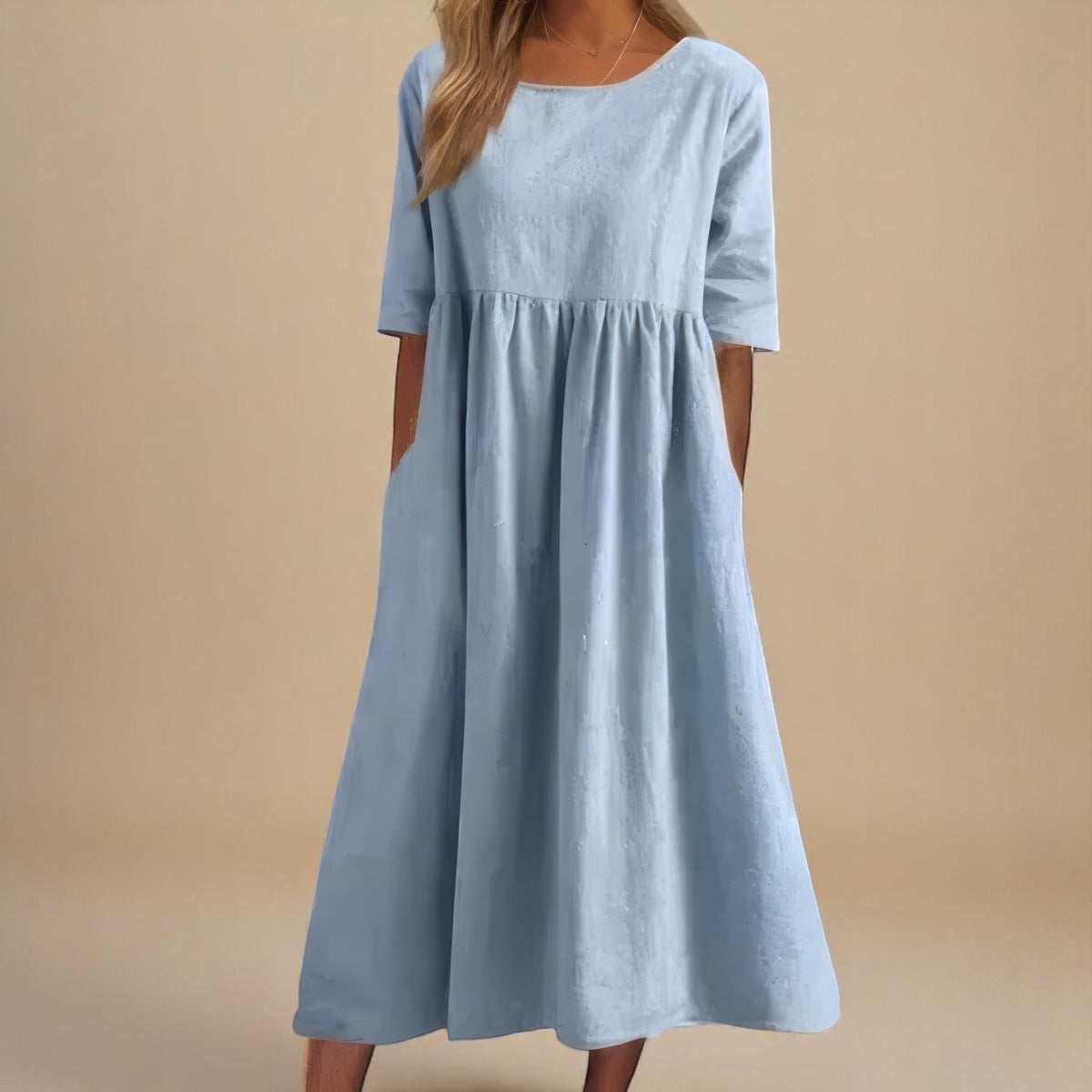 Round Neck Short Sleeve Linen Pleated Empire Waist Pocket Midi Dress