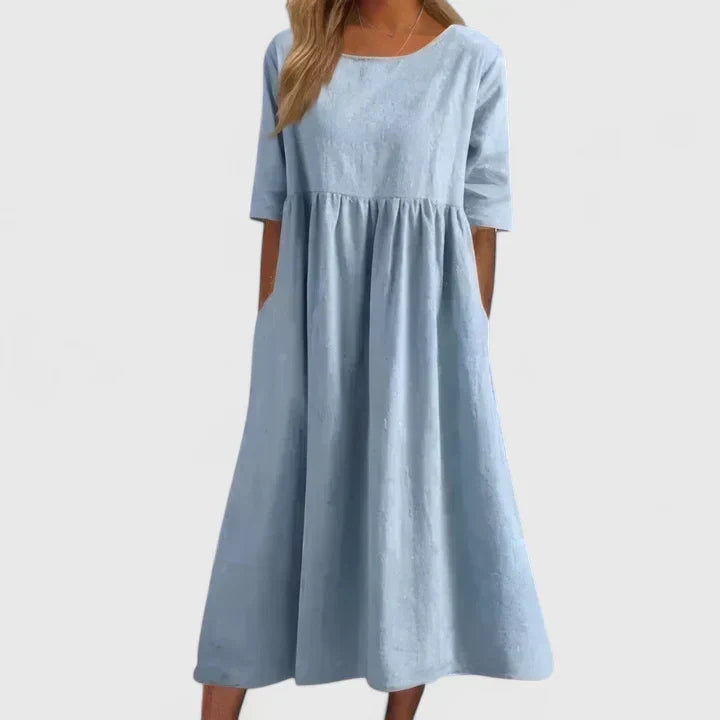 Round Neck Half Sleeve Pleated Pocket A-Line Midi Dress