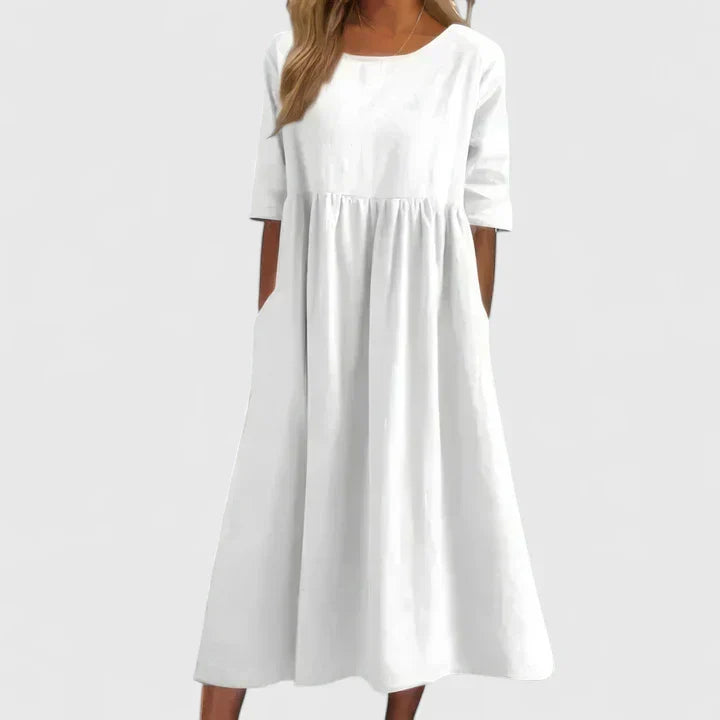 Round Neck Half Sleeve Textured Pleated Pocket A-Line Midi Dress