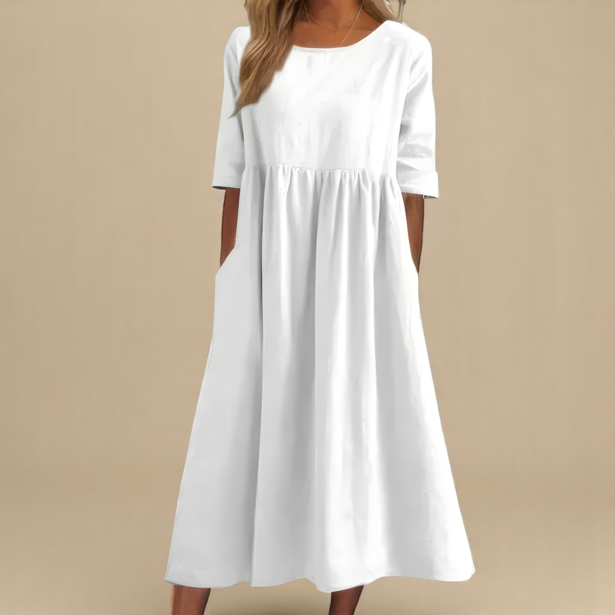 Round Neck Short Sleeve Linen Empire Waist Pocket A-Line Midi Dress