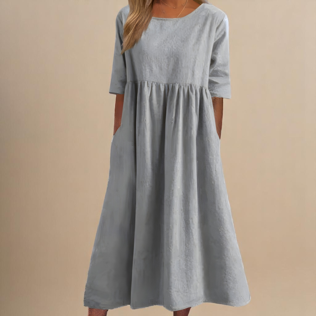 Round Neck Short Sleeve Linen Pleated Empire Waist Pocket Midi Dress 8