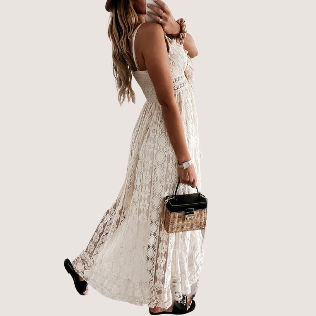 Flavia Exclusive Bohemian Lace Midi Dress with High Low Hem Premium Wardrobe Essential