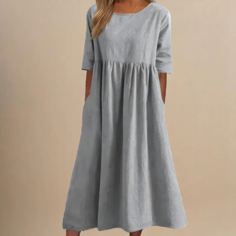 Round Neck Linen Half Sleeve Pocket Pleated A-Line Midi Dress