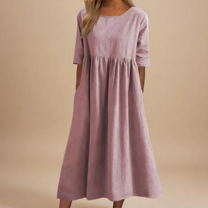 Round Neck Linen Half Sleeve Pocket Pleated A-Line Midi Dress
