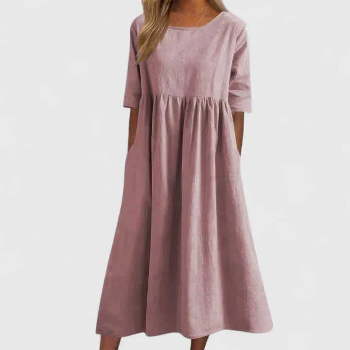Round Neck Half Sleeve Pleated Pocket A-Line Midi Dress 3
