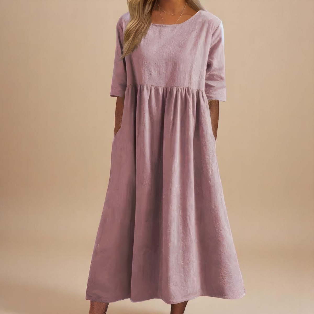 Round Neck Half Sleeve Linen Pocket Pleated Babydoll Midi Dress 7