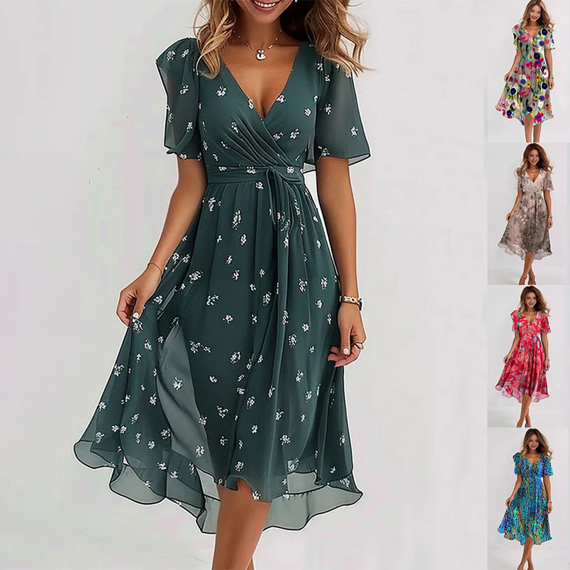 V-Neck Floral Print Flutter Sleeve Tie Waist Wrap Midi Dress