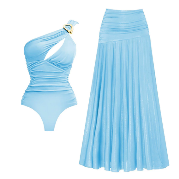 One Shoulder Hollow Out Cutout out Solid Color One Piece Swimsuit Women Skirt Two Piece Sets Swimsuit