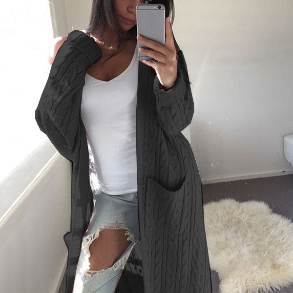 Open Front Cable Knit Pocket Long Sleeve Longline Cardigan
