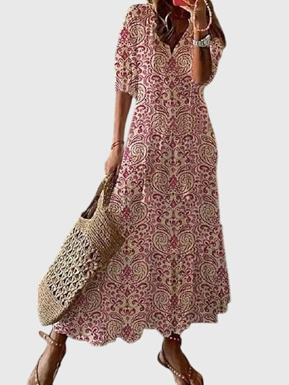 V-Neck Tassel Tie Ikat Print Tiered Boho Maxi Dress