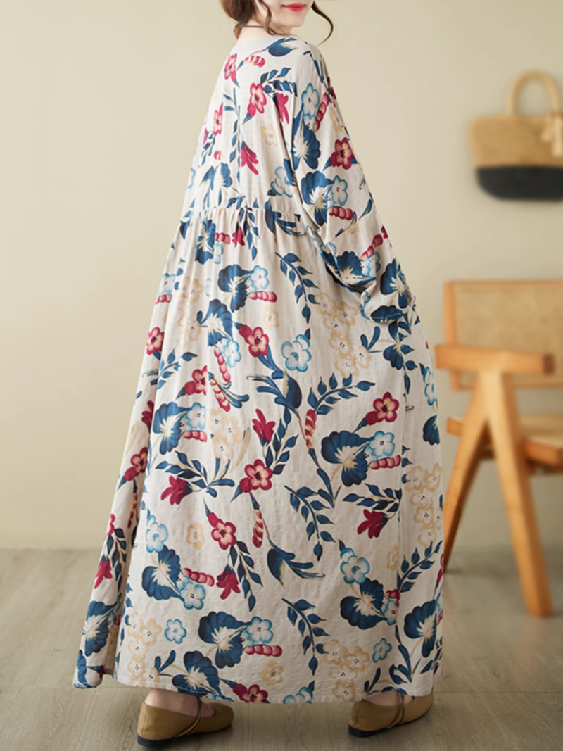 Round Neck Bold Floral Print Smock A-Line Maxi Dress