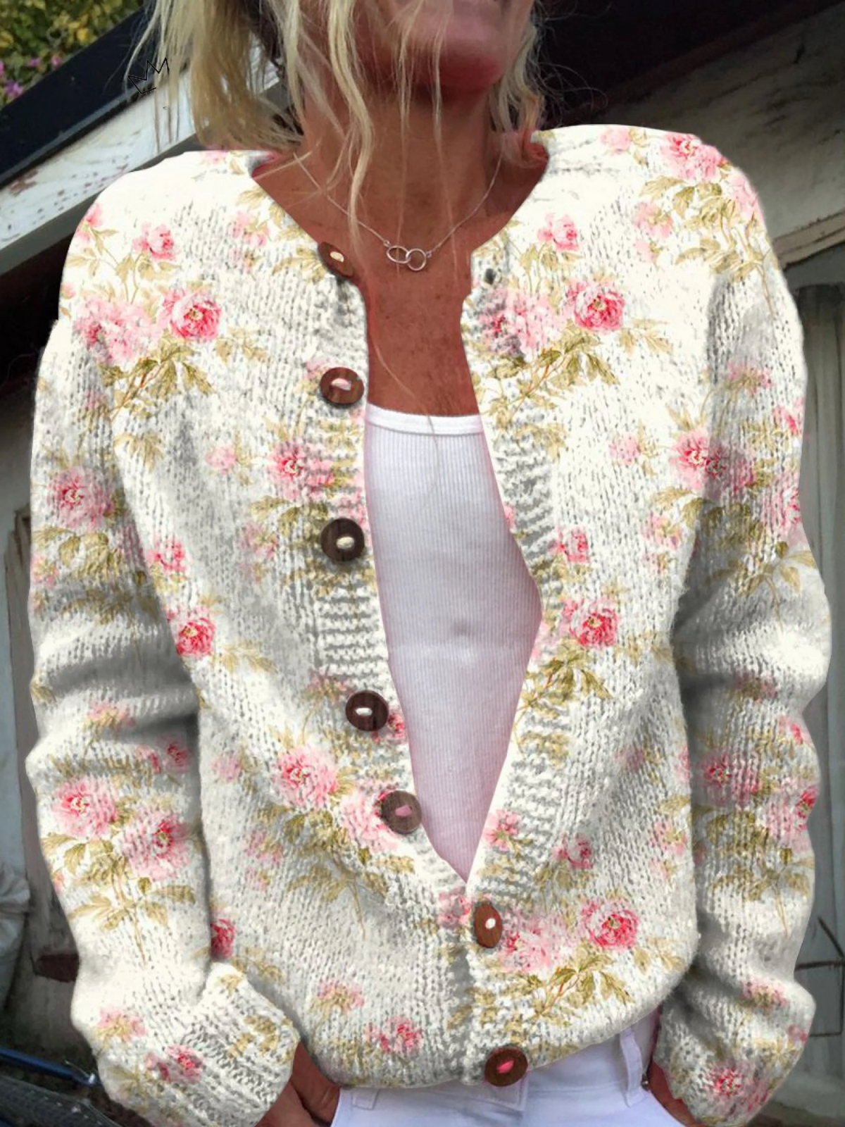 Round Neck Rose Floral Button Front Chunky Knit Cardigan