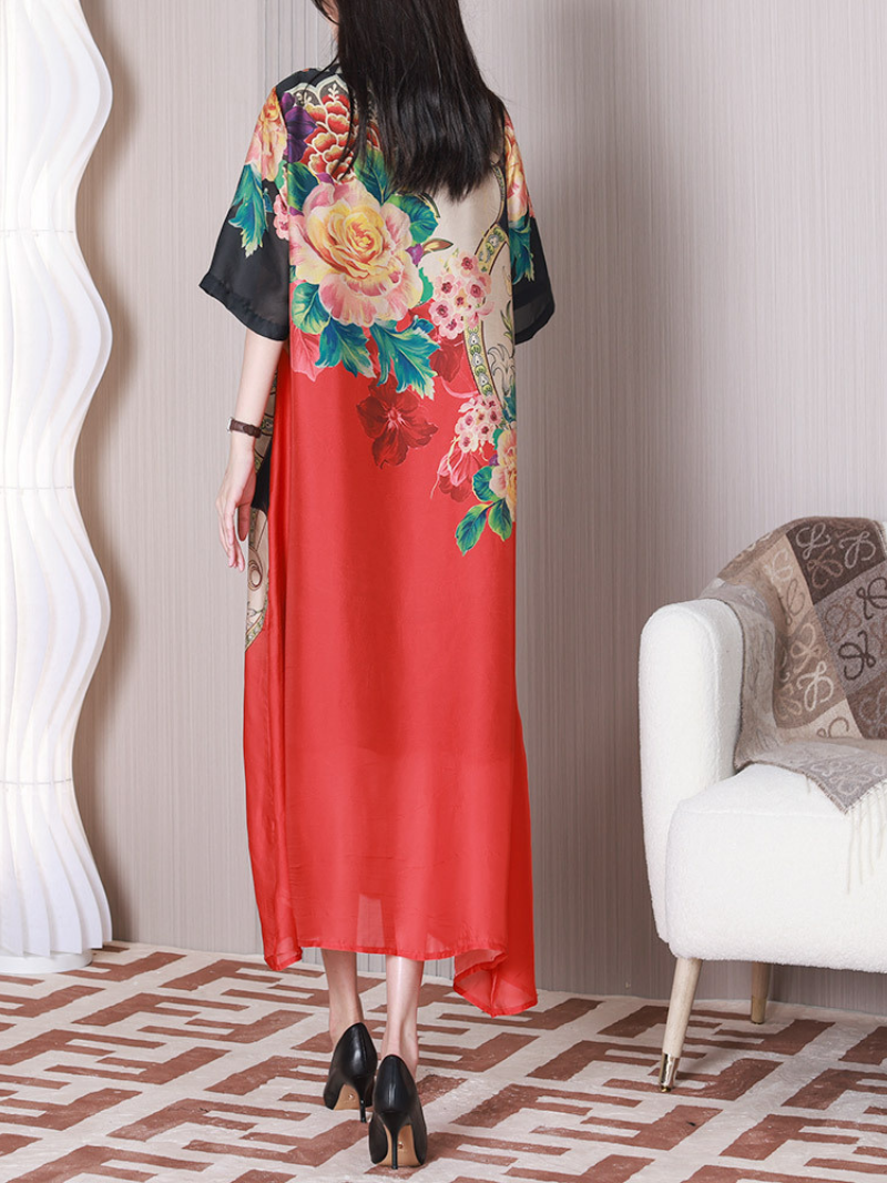Round Neck Half Sleeve Floral Print Chiffon Maxi Dress 5