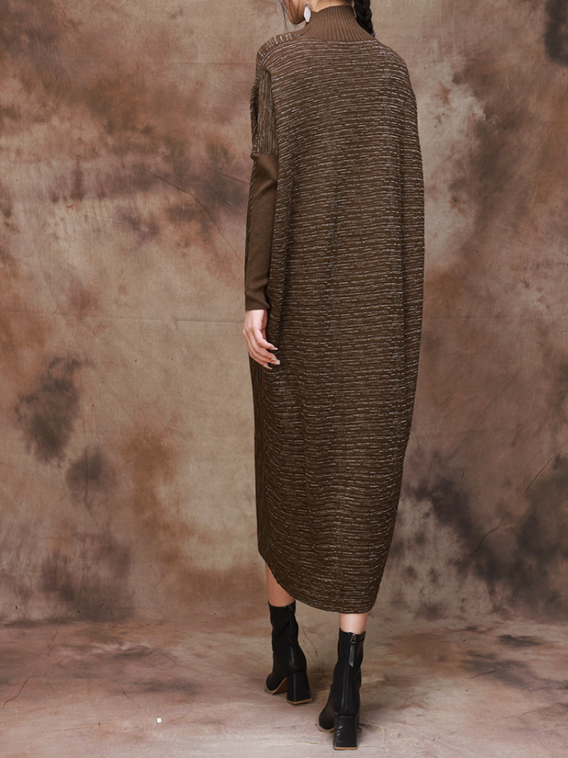 Mock Neck Batwing Sleeve Knit Asymmetric Hem Loose Sweater Dress 3