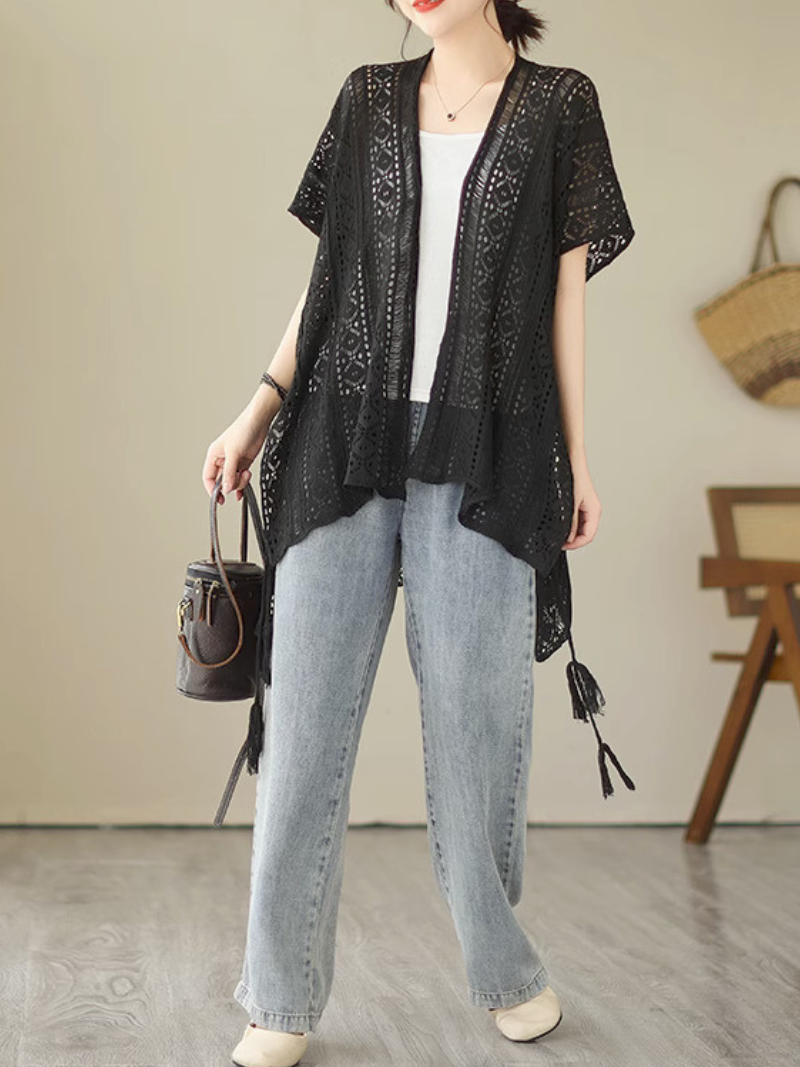 Open Front Short Sleeve Crochet Knit Tassel Tie Cardigan