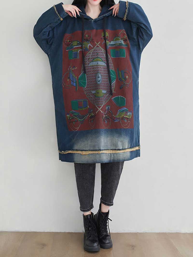 Hooded Graphic Print Frayed Hem Oversized Sweatshirt Midi Dress