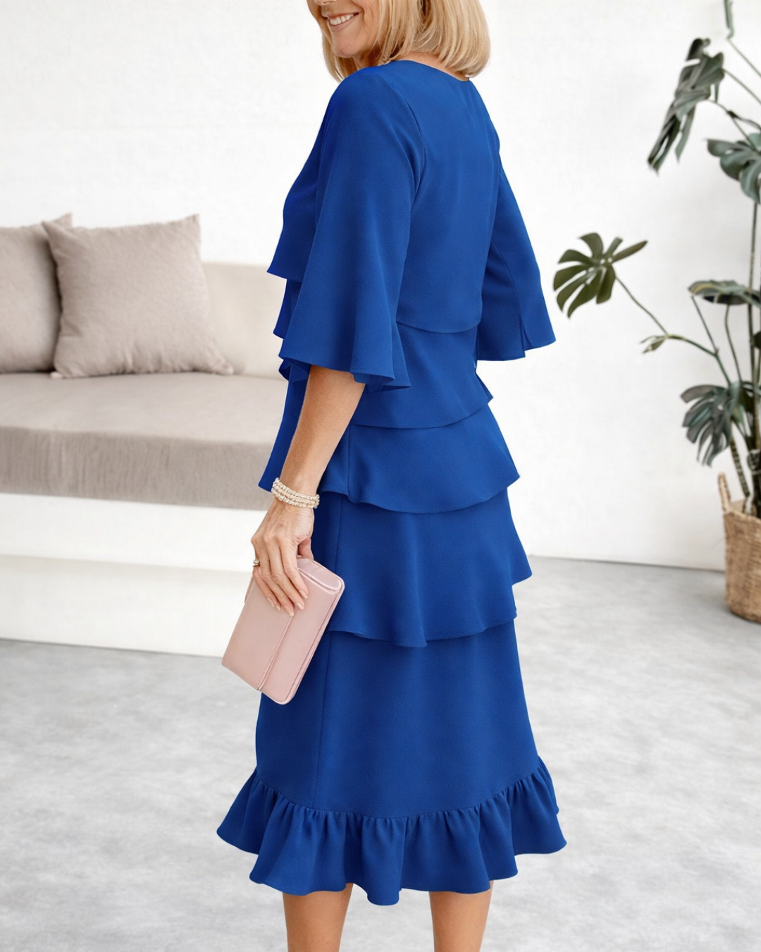 Round Neck Flutter Sleeve Tiered Ruffle Layered Midi Dress 2