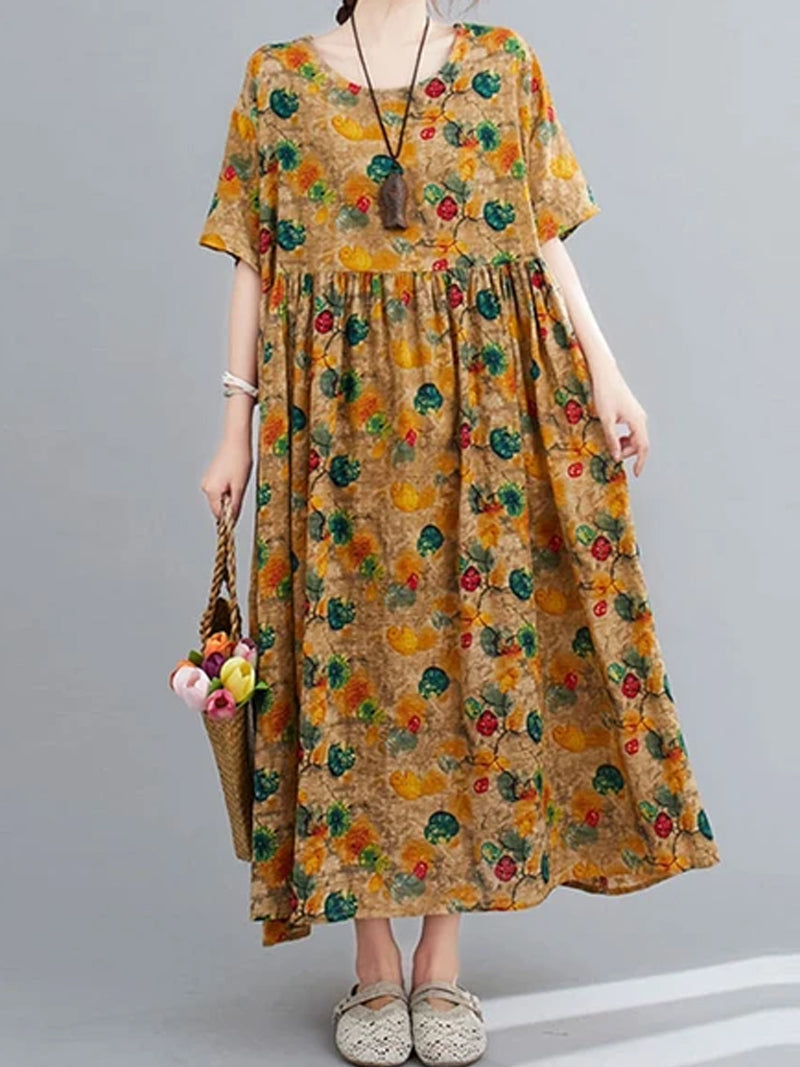 Bronze Round Neck Floral Print Short Sleeve Pleated Loose Maxi Dress
