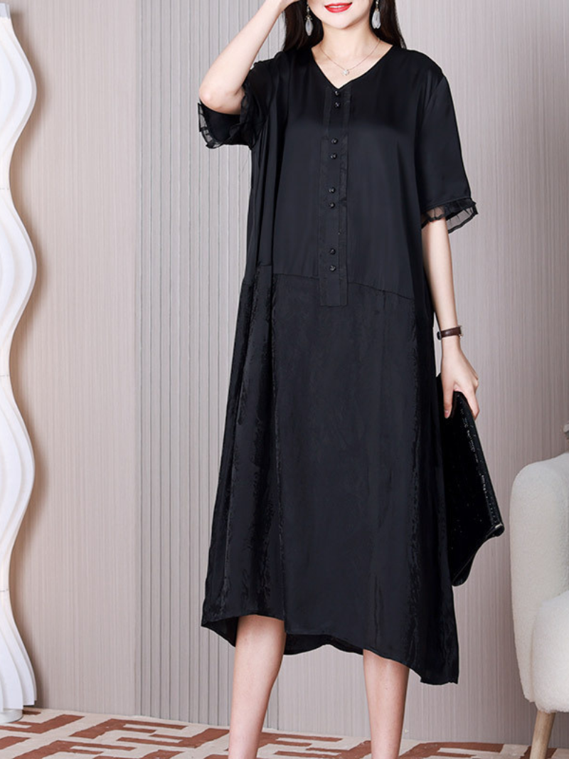 V-Neck Short Sleeve Button Placket Satin Loose A-Line Midi Dress