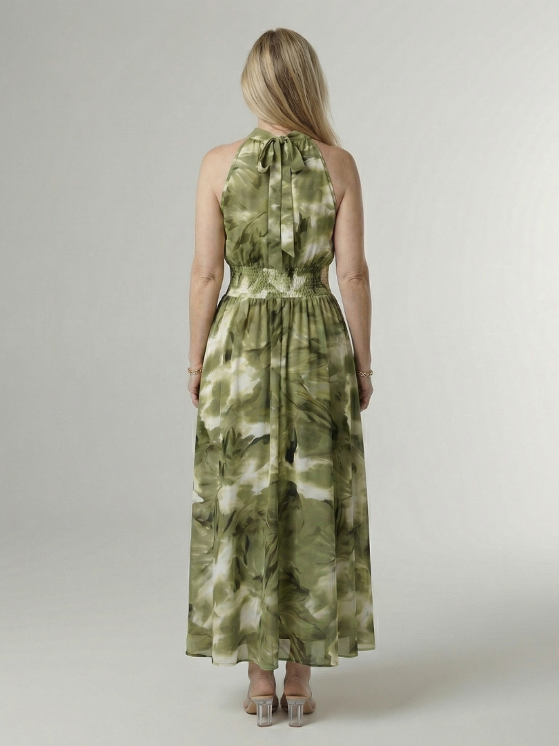 Halter High Neck Sleeveless Tie-Dye Print Shirred Waist Maxi Dress