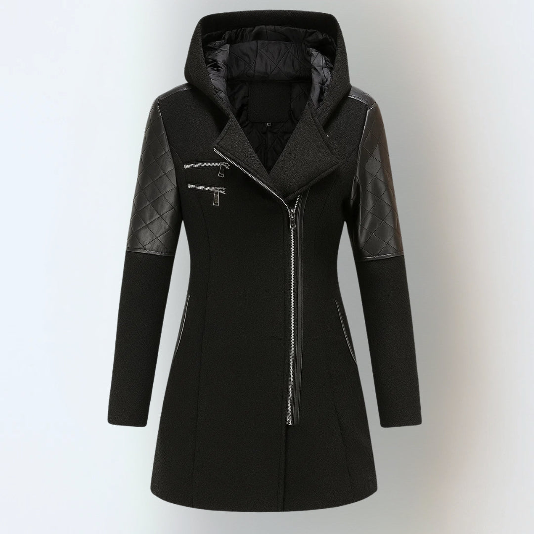 Hooded Quilted Panel Asymmetric Zip Longline Wool Coat 6