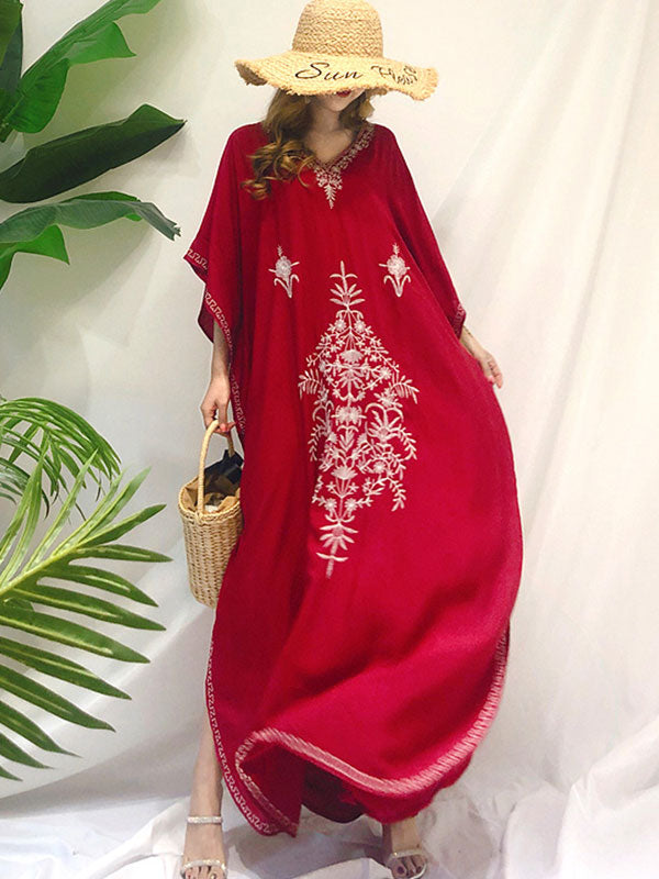 Red V-Neck Floral Embroidered Loose Bohemian Kaftan Maxi Dress