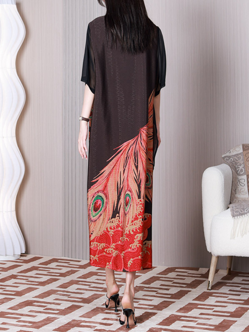 Round Neck Half Sleeve Peacock Print Chiffon Midi Dress