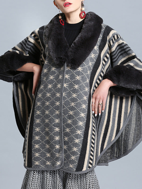 Faux Fur Collar Striped Aztec Print Cape Cardigan 7